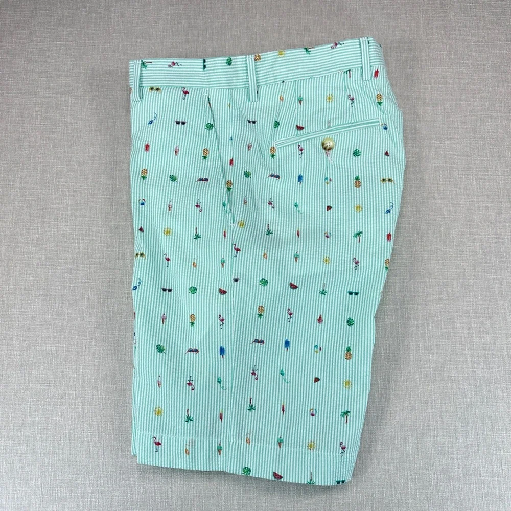 Haspel Shorts Mens 32 Mint Green Seersucker Tropical Flamingo Striped All Over